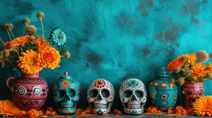 A decorative Día de Muertos altar with hand-painted skulls and a colorful arrangement of flowers...