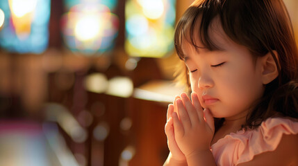 A little young oriental Christian girl with her hands in prayer position praying and thanking God