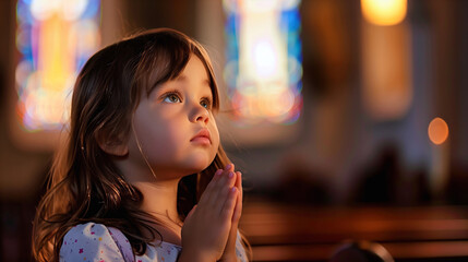A little young Christian girl with her hands in prayer position praying and thanking God