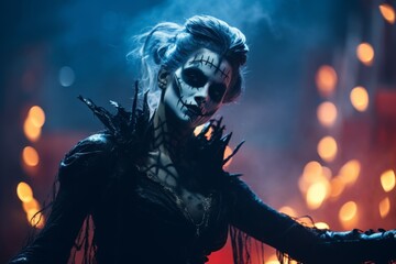 a spectacle featuring gothic character in terrifying makeup, offering a captivating and fear-filled theatrical performance
