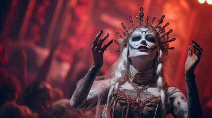 a spectacle featuring gothic character in terrifying makeup, offering a captivating and fear-filled theatrical performance
 - obrazy, fototapety, plakaty
