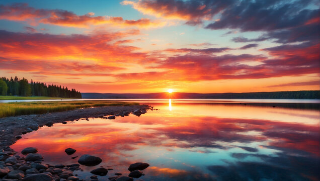 image of a vibrant sunset over a scene lake