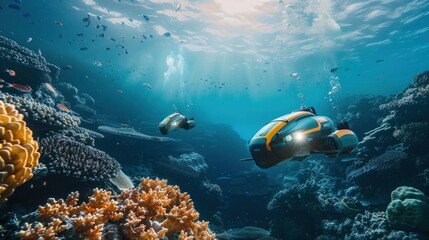 Naklejka na ściany i meble Underwater exploration ROVs near a coral reef
