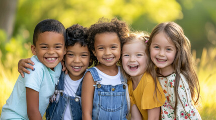 Group of four children, two boys and two girls, smiling together outdoors.