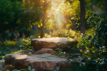 Obraz premium A picturesque podium made of rock, stone in a natural environment in bright sunlight with green leaves around. Textured stone podium, rock stand among green foliage and sun rays