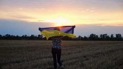 Happy lady walking on barley meadow and turning around with a raised over head flag of Ukraine. Ukrainian woman with a lifted blue-yellow banner on a beautiful sunset at background. End of war. - 759083526