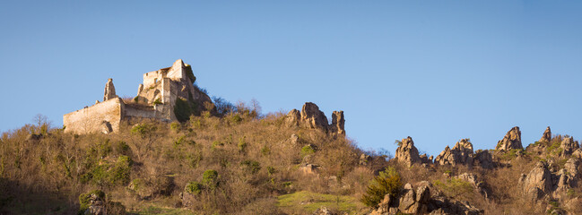 Panorama of castle of duernstein with rocks beside
