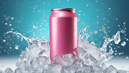 Frosty Drink Can Emerging from Ice. Refreshing Cold Beverage. Blank can, blank bottle, copy space for text