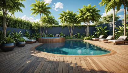 Aménagement d'une terrasse en bois autour de la piscine et du jacuzzi, design extérieur, aménagement paysager - IA générative	
