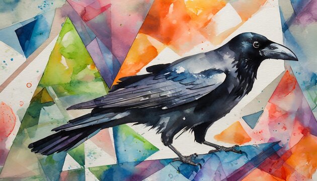 ai generated generative draw paint watercolor oil sketch ink crow raven on canvas abstract geometric shapes background decoration view postcard home decor