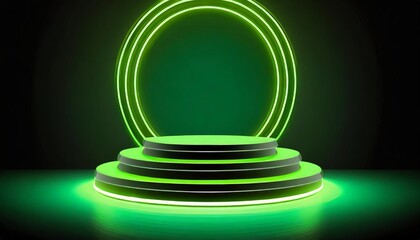 green neon light with empty stage podium on black background