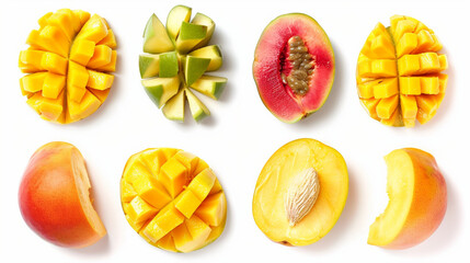 pple, mango, watermelon, pineapple, kiwi and peach fruits. Realistic vector tropical and garden fruits halves and slices isolated 3d fruits. Ripe summer juicy harvest food