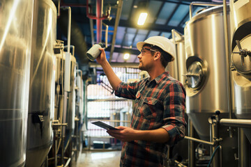 Craft brewer overseeing fermenting process in brewery