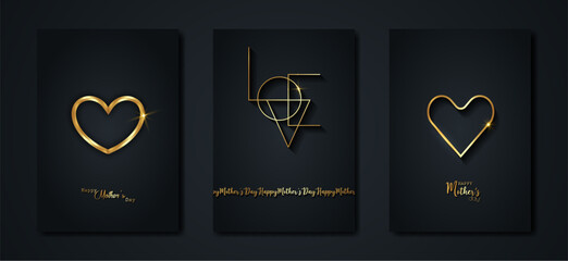 happy Mother's Day vector set greeting card. Gold heart on black background. Golden holiday poster with text. Concept for Mothers Day banner, flyer, party invitation, gift shop. Golden Luxury template