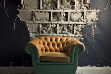 An old chair in an abandoned apartment with a crumbling wall, pieces of plaster, a hole in the wall and dust everywhere - obrazy, fototapety, plakaty