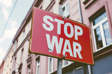 Sign graffitied with stop war message