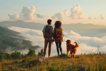 A couple of travelers with a dog stand and look into the distance at the opening magnificent landscape, mountainous terrain, solitude, traveling light