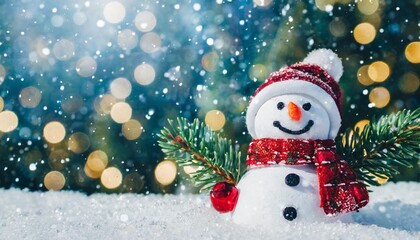 christmas and new year background christmas decoration with a cute cheerful snowman in the snow in a winter park with beautiful bokeh wallpaper background for ads or web design