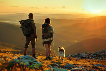 A couple of travelers with a dog stand and look into the distance at the opening magnificent landscape, mountainous terrain, solitude, traveling light - obrazy, fototapety, plakaty