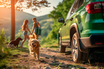 A young couple in love with dogs went on vacation to nature in their car, the joyful mood of travel...