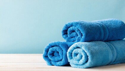 Obraz na płótnie Canvas light blue spa towels pile bath towels lying in a stack on light blue peaceful background with copy space