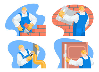 vector illustration in the form of a set of builder character performing different  work, in color on a white background, laying bricks and plastering walls as well as painting and installing doors