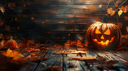 Spooky Halloween Pumpkin on Wooden Planks with Autumn, Scary Halloween pumpkin on wooden planks, dark horror background. Generative Ai 