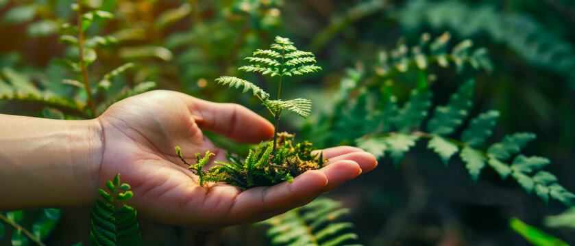 A hand holding a small plant in a leafy green forest. The world and the natural environment