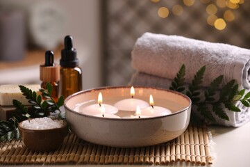 Beautiful composition with different spa products on table, closeup