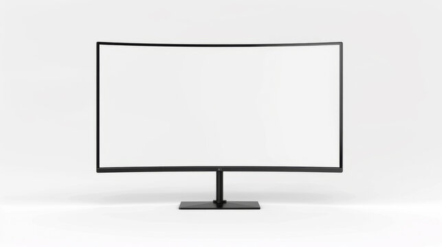 A curved, widescreen monitor is mounted on a stand, centered against a clean white background, showcasing its modern design and technology.