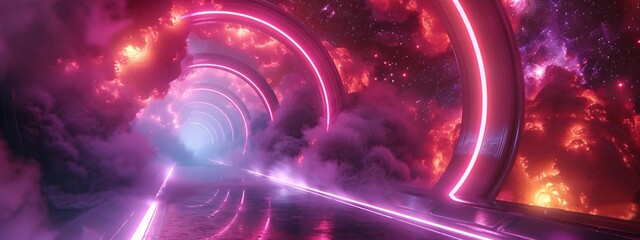 a tunnel with pink lights and smoke - obrazy, fototapety, plakaty