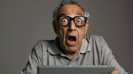 An older man with glasses is looking at a laptop screen with a highly surprised and almost comical expression. - obrazy, fototapety, plakaty