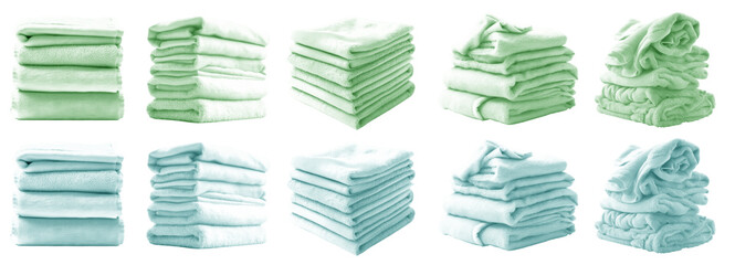  2 Set of pile stack heap of folded crumpled pastel green turquoise blue bath towel rug on transparent background cutout, PNG file. Mockup template for artwork graphic design - obrazy, fototapety, plakaty