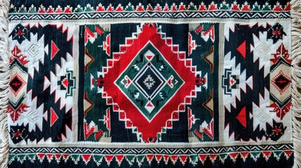 a traditional handmade Sadu rug pattern. It features geometric shapes and a striking color palette of red, black, white, and green. Such designs are commonly found in Middle Eastern textiles - obrazy, fototapety, plakaty