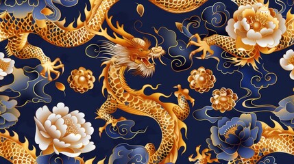 a classic Chinese pattern featuring golden dragons and peony flowers against a dark blue background. The dragons are depicted in the traditional Chinese style, symbolizing power and good fortune