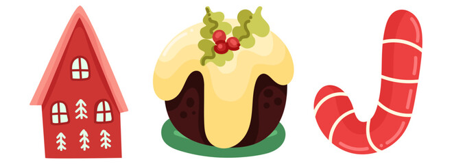 Christmas Items Set. Winter New Year elements. Vector hand draw illustration