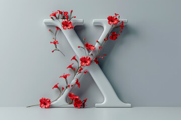 Spring and summer letter X with red flowers. Flower font concept.