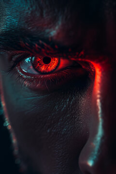 Glowing red eye of a mysterious man. Serious expression. Evil man in the dark. Intense gaze. Paranormal glowing eye concept. Closeup of glowing evil eyes in the dark. Halloween horror concept. 