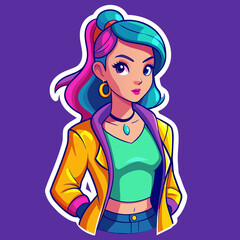 vibrant sticker featuring a beautiful girl in a fashion-forward outfit