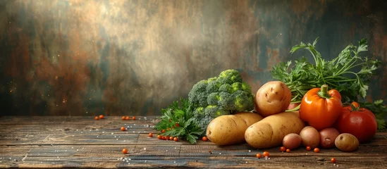 Poster Farm vegetables on a vintage woody background - autumn harvest. Copying the space. Panoramic banner © Anastasia