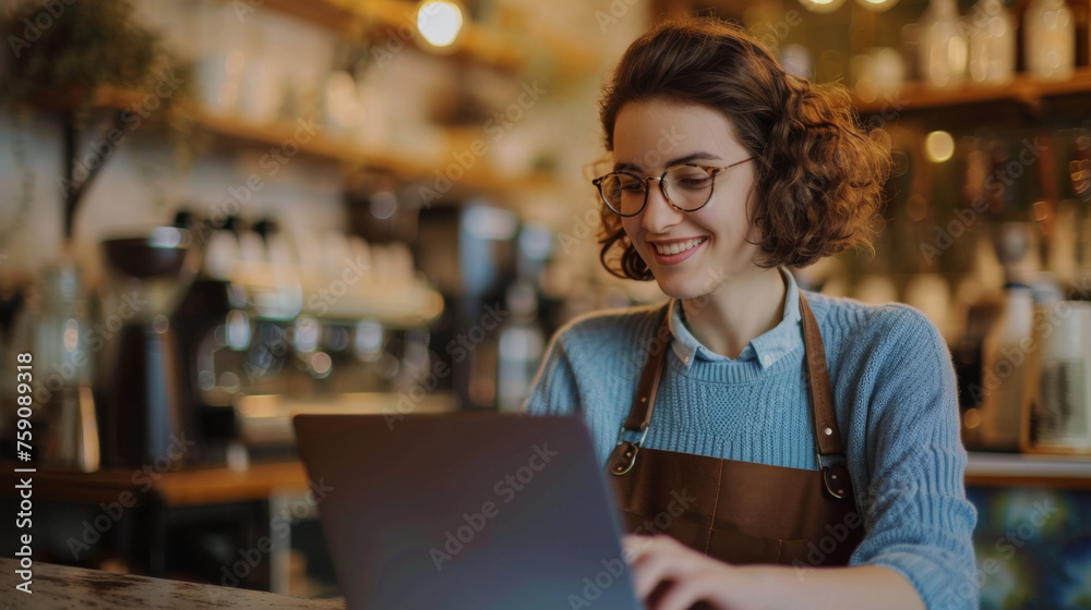 Wall mural young woman wearing glasses, focused on working on her laptop in a cozy café environment