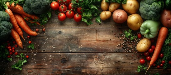 Organic vegetables on a wooden background with a place for text. Panoramic banner.