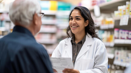 female pharmacist is consulting with an elderly male customer in a pharmacy