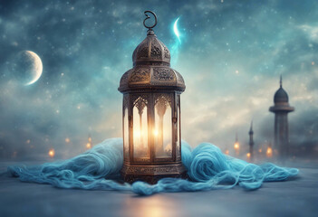 Ramadan Kareem vector greetings design with a hanging lantern.