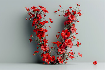 Spring and summer letter V with red flowers. Flower font concept.