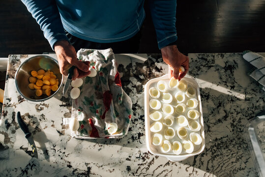 Overhead-view of a meal being prepped. 