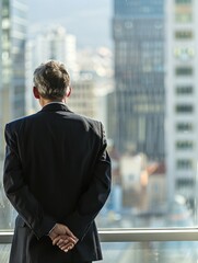 Fototapeta premium Ambitious Businessman Gazing at the Office Skyline View from Behind