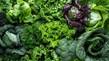 A vibrant assortment of fresh leafy greens including spinach, kale, collard greens, romaine lettuce, arugula, Swiss chard, mustard greens, and bok choy, representing healthy eating and nutrition. - obrazy, fototapety, plakaty