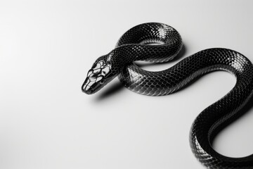 Obraz premium Slithering black snake against a crisp white backdrop, Generative AI