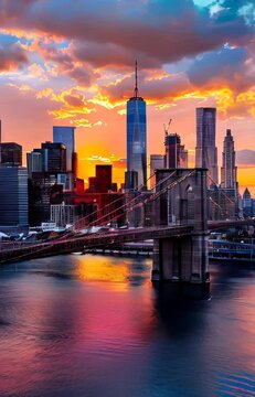 vertical slow motion video of Sunset Illuminating the New York City Skyline and Brooklyn Bridge